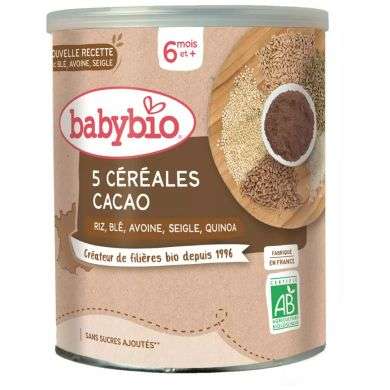 BABYBIO 5 CEREALES CACAO RIZ BLE AVOINE SEIGLE QUINOA 220G 6 MOIS + BABYBIO 5 CEREALES CACAO RIZ BLE AVOINE SEIGLE QUINOA 220G 6 MOIS +
