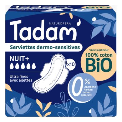 TADAM 10 SERVIETTES DERMO SENSITIVES NUIT + COTON BIO ULTRA FINE AVEC AILETTES