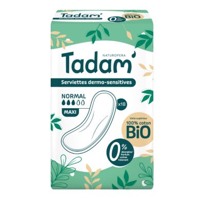 TADAM 18 SERVIETTES DERMO SENSITIVES NORMAL MAXI COTON BIO TADAM 18 SERVIETTES DERMO SENSITIVES NORMAL MAXI COTON BIO