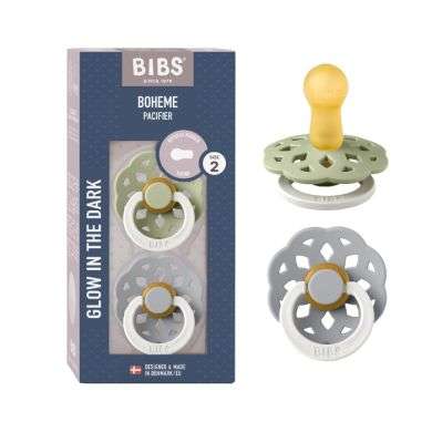 BIBS BOHEME PACIFIER NATURAL RUBBER ROUND SIZE 2 PACK DE 2 GLOW IN THE DARK SAGE GLOW ET CLOUD GLOW BIBS BOHEME PACIFIER NATURAL RUBBER ROUND SIZE 2 PACK DE 2 GLOW IN THE DARK SAGE GLOW ET CLOUD GLOW