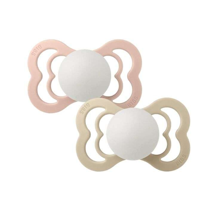 BIBS SUPREME PACIFIER SILICONE SYMMERTICAL SIZE 2 PACK DE 2 GLOW IN THE DARK BLUSH GLOW ET VANILLA GLOW BIBS SUPREME PACIFIER SILICONE SYMMERTICAL SIZE 2 PACK DE 2 GLOW IN THE DARK BLUSH GLOW ET VANILLA GLOW