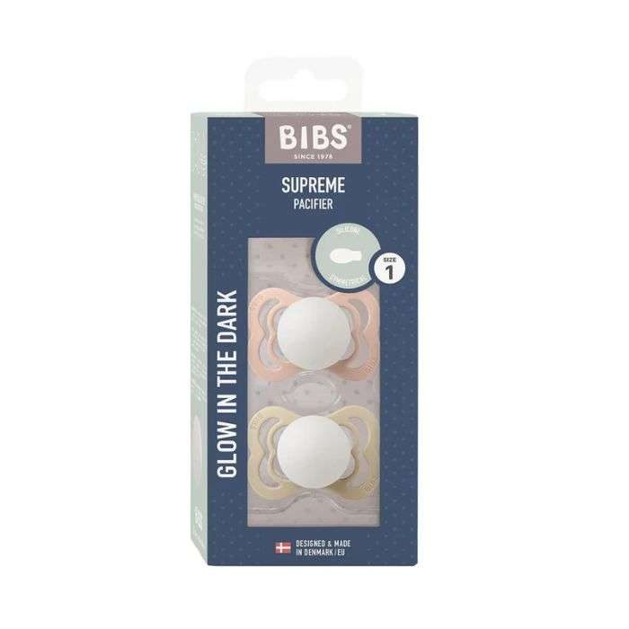 BIBS SUPREME PACIFIER SILICONE SYMMERTICAL SIZE 1 PACK DE 2 GLOW IN THE DARK BLUSH GLOW ET VANILLA GLOW