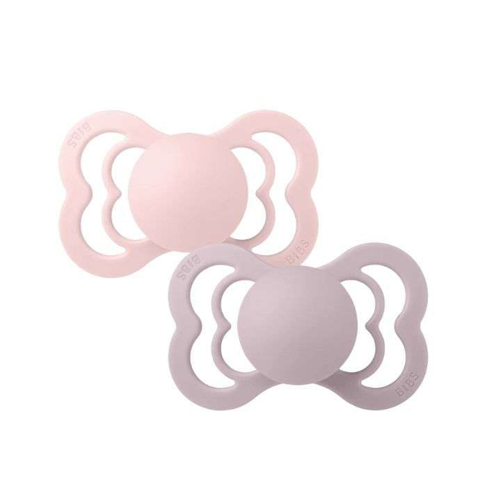 BIBS SUPREME SILICONE SYMMETRICAL SIZE 2 PACK DE 2 BLOSSOM ET DUSKY LILAC