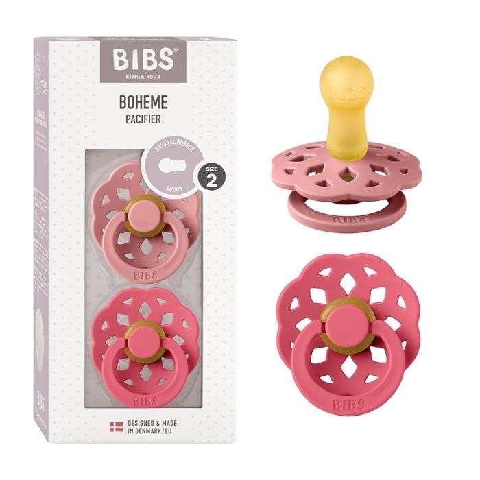 BIBS BOHEME PACIFIER NATURAL RUBBER ROUND SIZE 2 PACK DE 2 DUSTY PINK ET CORAL BIBS BOHEME PACIFIER NATURAL RUBBER ROUND SIZE 2 PACK DE 2 DUSTY PINK ET CORAL