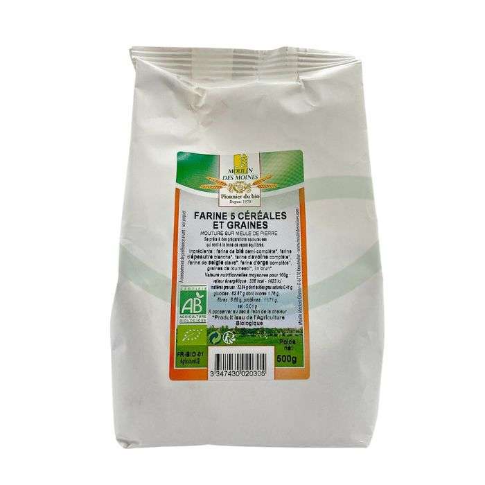 MOULIN DES MOINES FARINE 5 CEREALES ET GRAINES 500G MOULIN DES MOINES FARINE 5 CEREALES ET GRAINES 500G