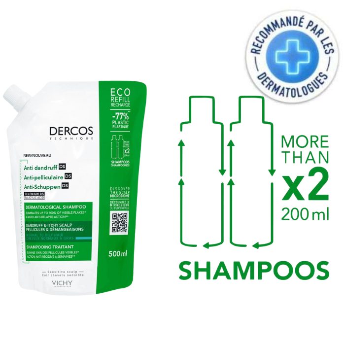 VICHY DERCOS ANTI PELLICULAIRE SHAMPOING CHEVEUX GRAS RECHARGE 500ML VICHY DERCOS ANTI PELLICULAIRE SHAMPOING CHEVEUX GRAS RECHARGE 500ML