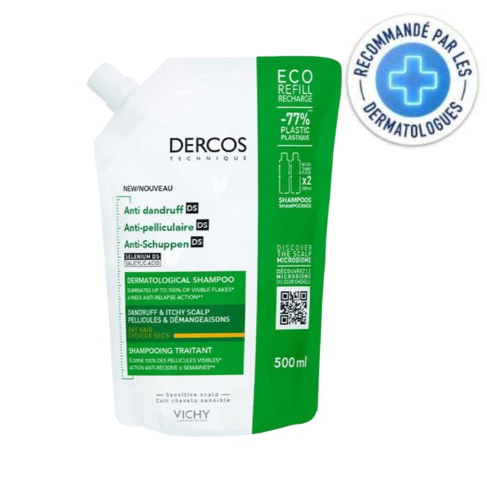 VICHY DERCOS SHAMPOING DERMATOLOGIQUE ANTI PELLICULAIRE DS CHEVEUX SECS RECHARGE 500 ML VICHY DERCOS SHAMPOING DERMATOLOGIQUE ANTI PELLICULAIRE DS CHEVEUX SECS RECHARGE 500 ML