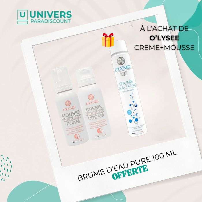 OLYSEE OFFRE MOUSSE NETTOYANTE + CREME ACHETE + BRUME D'EAU PURE 100 ML OFFERTE OLYSEE OFFRE MOUSSE NETTOYANTE + CREME ACHETE + BRUME D'EAU PURE 100 ML OFFERTE
