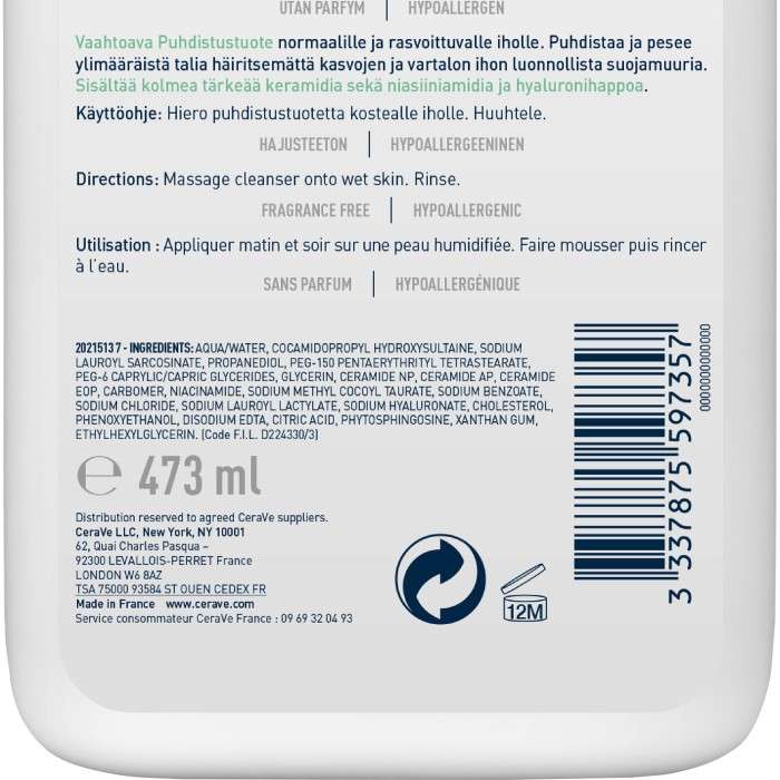 CERAVE GEL MOUSSANT PEAUX NORMALES A GRASSES 473 ML