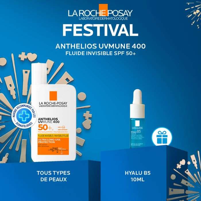 LA ROCHE POSAY OFFRE ANTHELIOS UVMUNE 400 FLUIDE SOLAIRE INVISIBLE SPF 50+ 50 ML + HYALU B5 10 ML OFFERT 