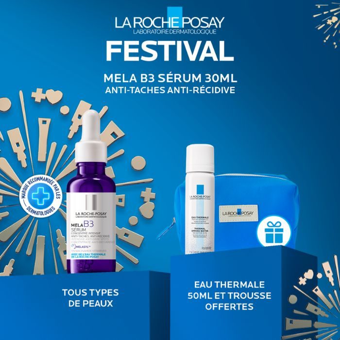 LA ROCHE POSAY OFFRE MELA B3 SERUM CONCENTRE 30 ML + EAU THERMAL 50 ML ET TROUSSE OFFERTES  LA ROCHE POSAY OFFRE MELA B3 SERUM CONCENTRE 30 ML + EAU THERMAL 50 ML ET TROUSSE OFFERTES
