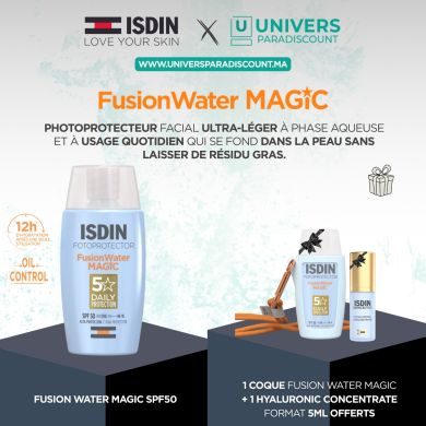 ISDIN OFFRE WEB FOTOPROTECTOR FUSION WATER SPF 50+ MAGIC 50 ML +1 COQUE FUSION WATER +HYALURONIC CONCENTRATE 5ML OFFERTS