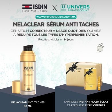 ISDIN OFFRE WEB ISDINCEUTICS MELACLEAR SERUM CORRECTEUR 30 ML + AMPOULE INSTANT FLASH + TROUSSE OFFERTS