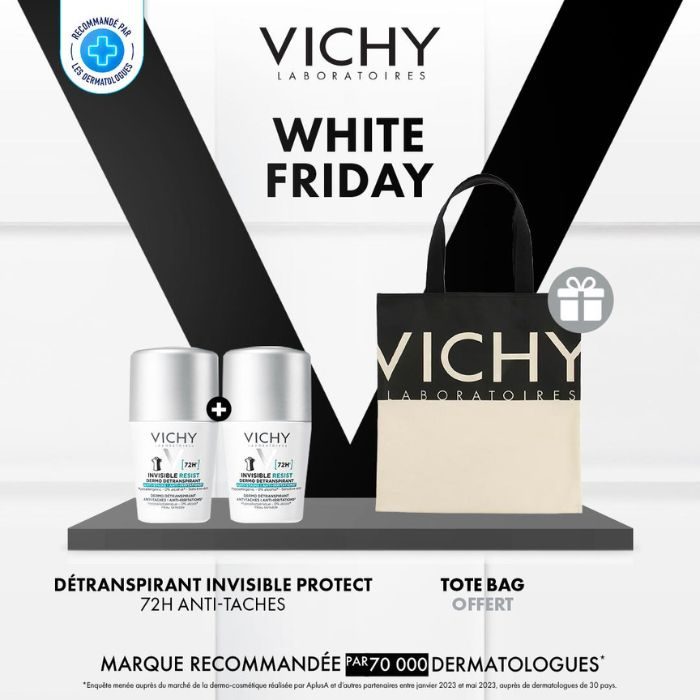 VICHY OFFRE WEB 2 DEODORANTS DETRANSPIRANT 72 H INVISIBLE FEMME 50 ML + TOTEBAG VICHY OFFERT