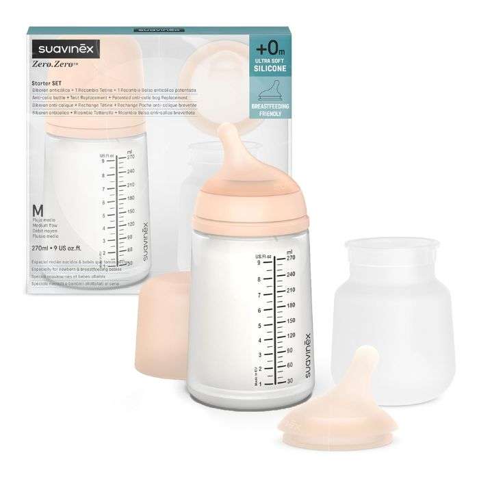 SUAVINEX STARTER SET BIBERON ANTI COLIQUE ZERO ZERO 270 ML + RECHANGE TETINE + RECHANGE POCHE ANTI COLIQUE BREVETEE +0M
