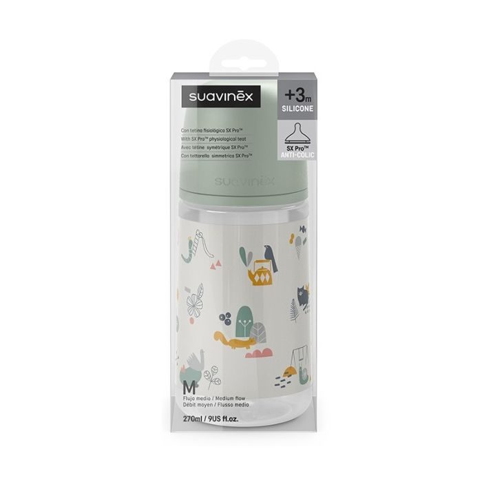 SUAVINEX BIBERON SILICONE AVEC TETINE SYMETHRIQUE SX PRO ANTI COLIC +3M DEBIT MOYEN 270 ML