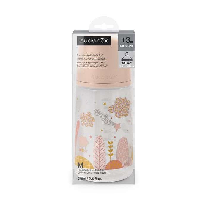 SUAVINEX BIBERON SILICONE AVEC TETINE SYMETHRIQUE SX PRO ANTI COLIC +3M DEBIT MOYEN 270 ML