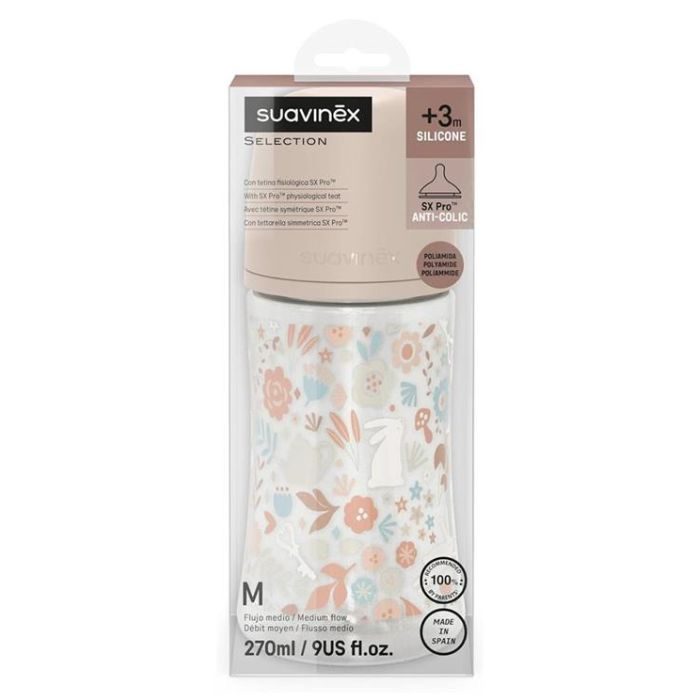 SUAVINEX SELECTION BIBERON SILICONE ANTI COLIC AVEC TETINE SYMETRIQUE SX PRO +3M DEBIT MOYEN 270 ML