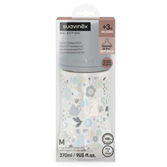 SUAVINEX SELECTION BIBERON SILICONE ANTI COLIC AVEC TETINE SYMETRIQUE SX PRO +3M DEBIT MOYEN 270 ML
