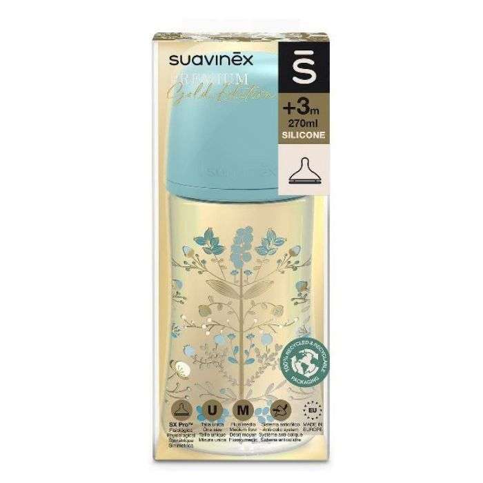 SUAVINEX PREMIUM GOLD EDITION BIBERON SILICONE +3M DEBIT MOYEN 270 ML