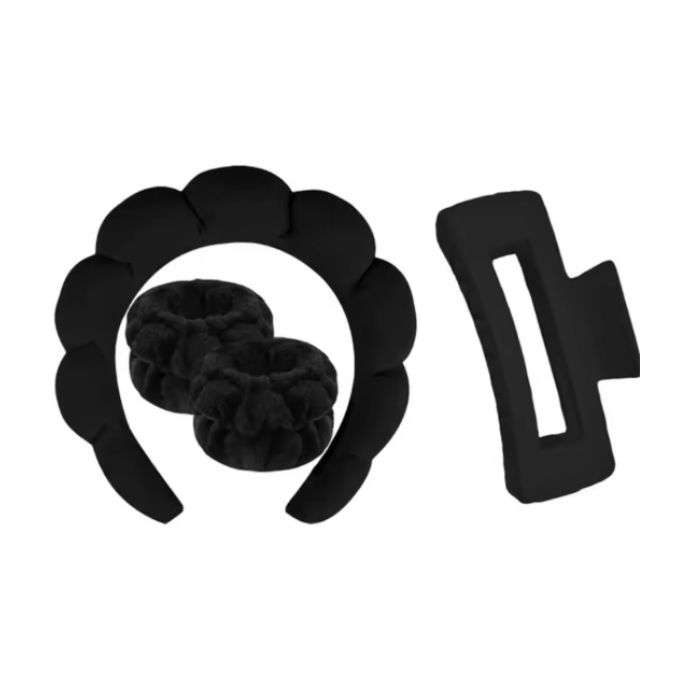 ENSEMBLE 3 PIECES SERRE TETE DE BAIN + 2 BANDES POIGNET + PINCE A CHEVEUX