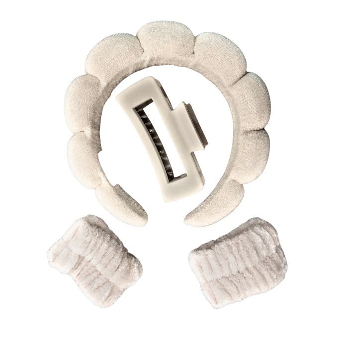 ENSEMBLE 3 PIECES SERRE TETE DE BAIN + 2 BANDES POIGNET + PINCE A CHEVEUX