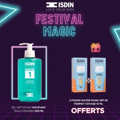 ISDIN OFFRE WEB ACNIBEN 1 GEL NETTOYANT MATIFIANT 400 ML + 2 FUSION WATER 10ML SPF 50 OFFERTS