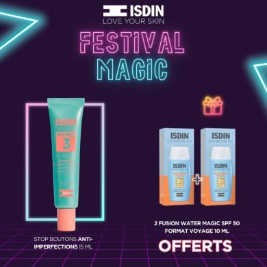 ISDIN OFFRE WEB TEEN SKIN ACNIBEN 3 ON THE SPOT CORRECTEUR LOCALISER 15 ML + 2 FUSION WATER MAGIC 10ML SPF 50 OFFERTS