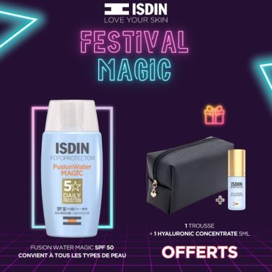 ISDIN OFFRE WEB FOTOPROTECTOR FUSION WATER SPF 50+ MAGIC 50 ML + TROUSSE + HYALURONIC CONCENTRATE 5ML OFFERTS