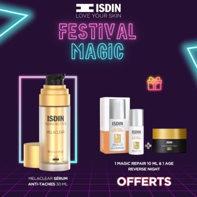 ISDIN OFFRE WEB ISDINCEUTICS MELACLEAR SERUM CORRECTEUR 30 ML+MAGIC REPAIR 10ML +AGE REVERSE NUIT OFFERTS