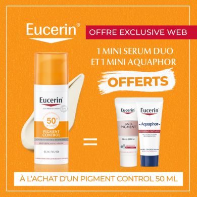 EUCERIN OFFRE WEB SUN FLUIDE PIGMENT CONTROL 50 ML SPF 50 + MINI SERUM DUO + MINI AQUAPHOR OFFERTS
