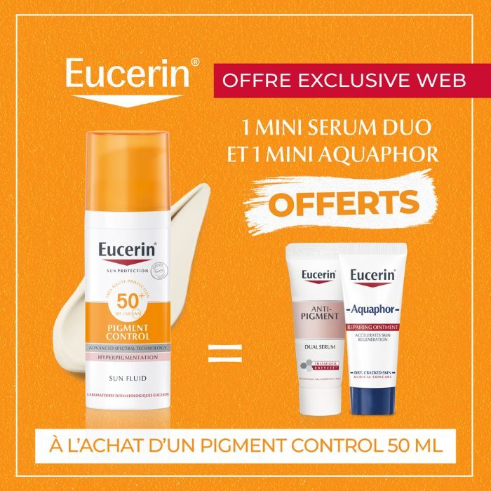 EUCERIN OFFRE WEB SUN FLUIDE PIGMENT CONTROL 50 ML SPF 50 + MINI SERUM DUO + MINI AQUAPHOR OFFERTS