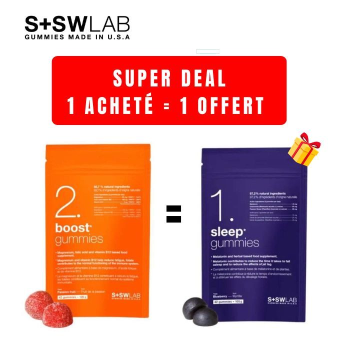 SSWLAB OFFRE 1 BOOST GUMMIES2 126G 42 GUMMIES GOUT FRUIT DE LA PASSION ACHETER + 1 SLEEP 42 GUMMIES OFFERT